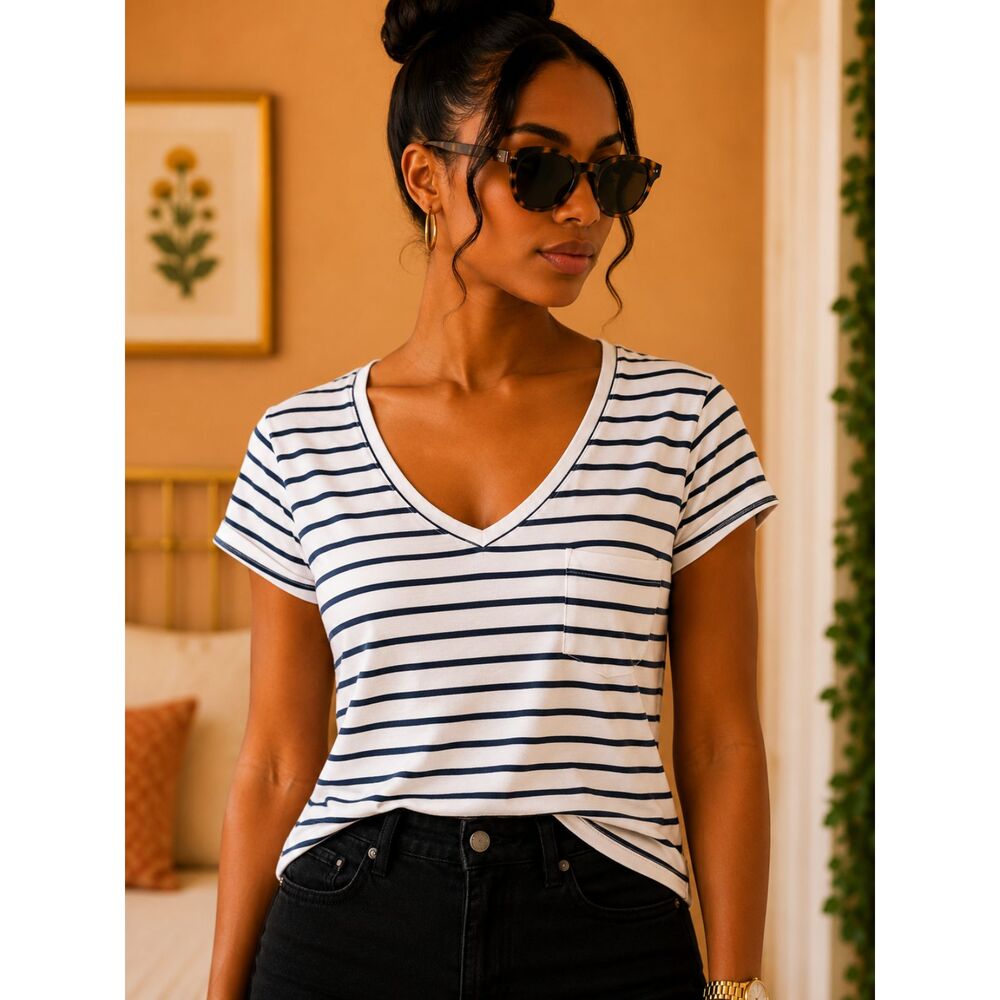 Belle Du Jour Women Navy White Striped V-Neck Pocket Tee Size M Nautical Coastal